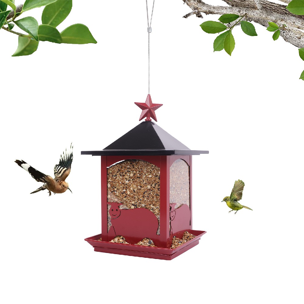 Red Hanging Bird Feeder with Star Roof and Automatic Seed Dispenser with Pig Illustrations and Auto